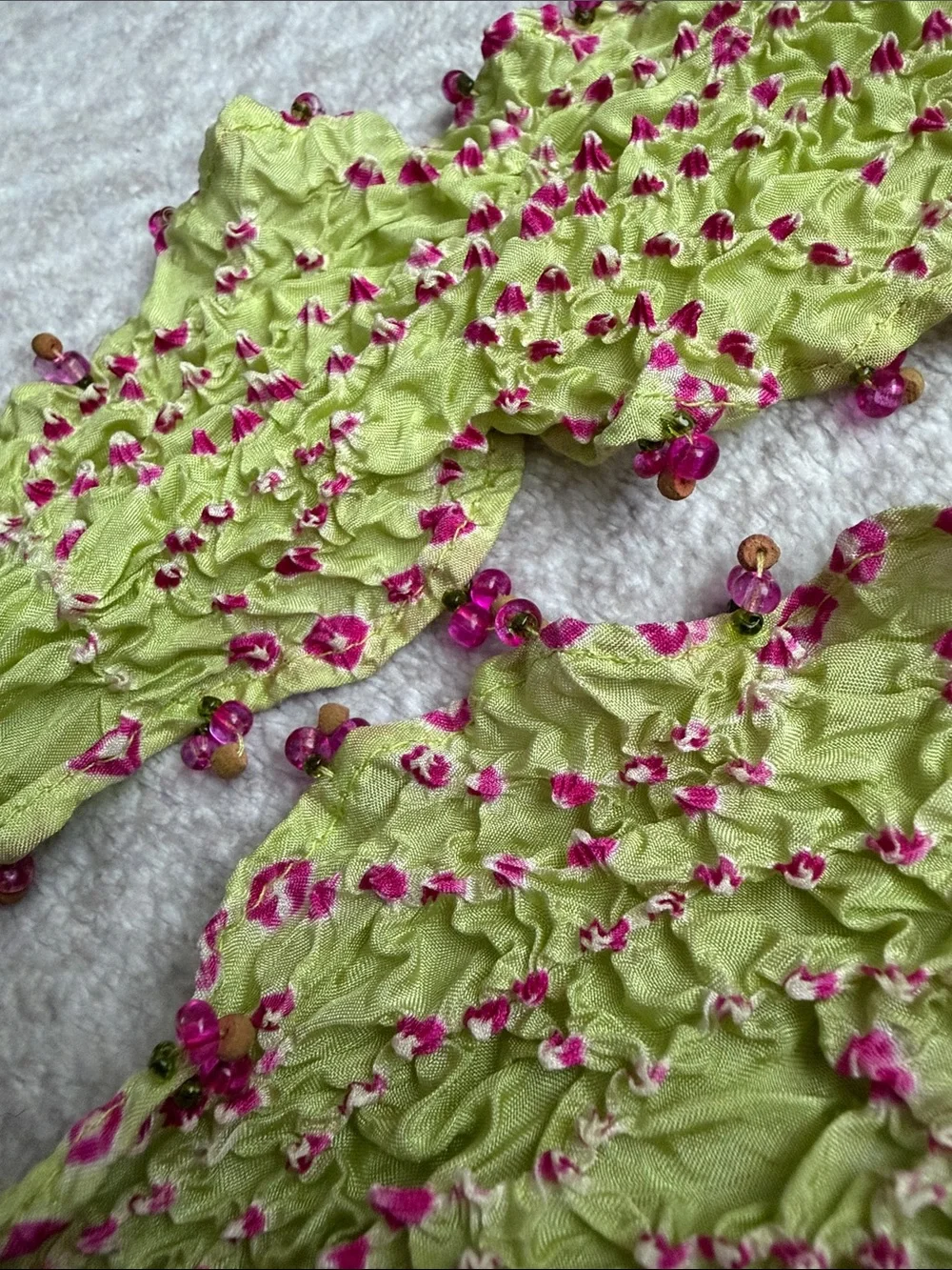 Light Green & Pink Beaded Ruffled Silk Scarf - Tie Dye Scarf #629